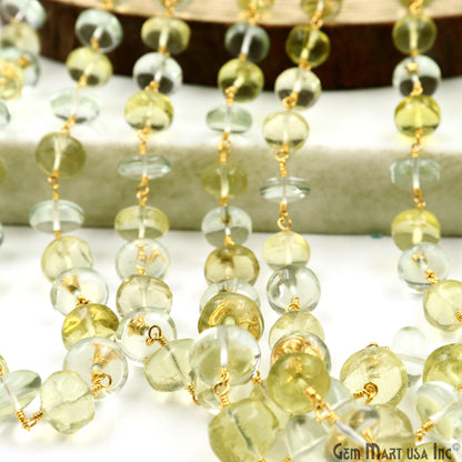 Green Amethyst & Lemon Topaz Cabochon Beads 9-10mm Gold Wire Wrapped Rosary Chain