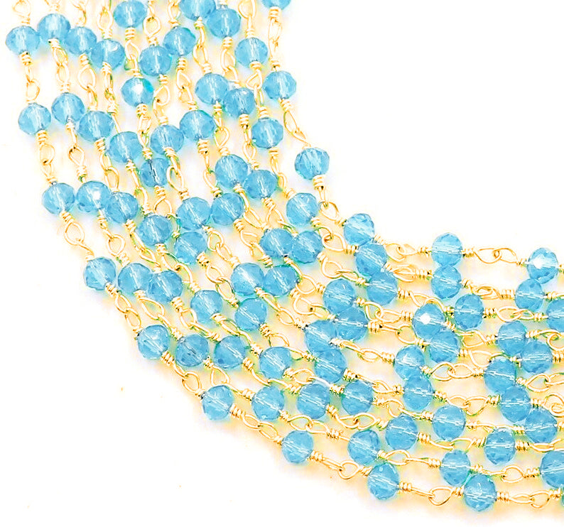 Blue Topaz 3-3.5mm Gold Plated Wire Wrapped Beads Rosary Chain (762929414191)
