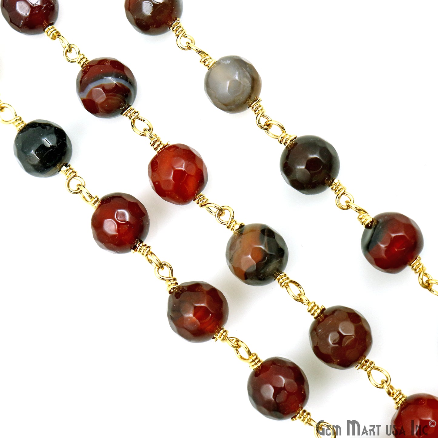 Dark Carnelian Jade Faceted 8mm Gold Plated Wire Wrapped Rosary Chain