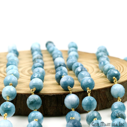 Shaded Turquoise Faceted Beads 10mm Gold Plated Wire Wrapped Rosary Chain