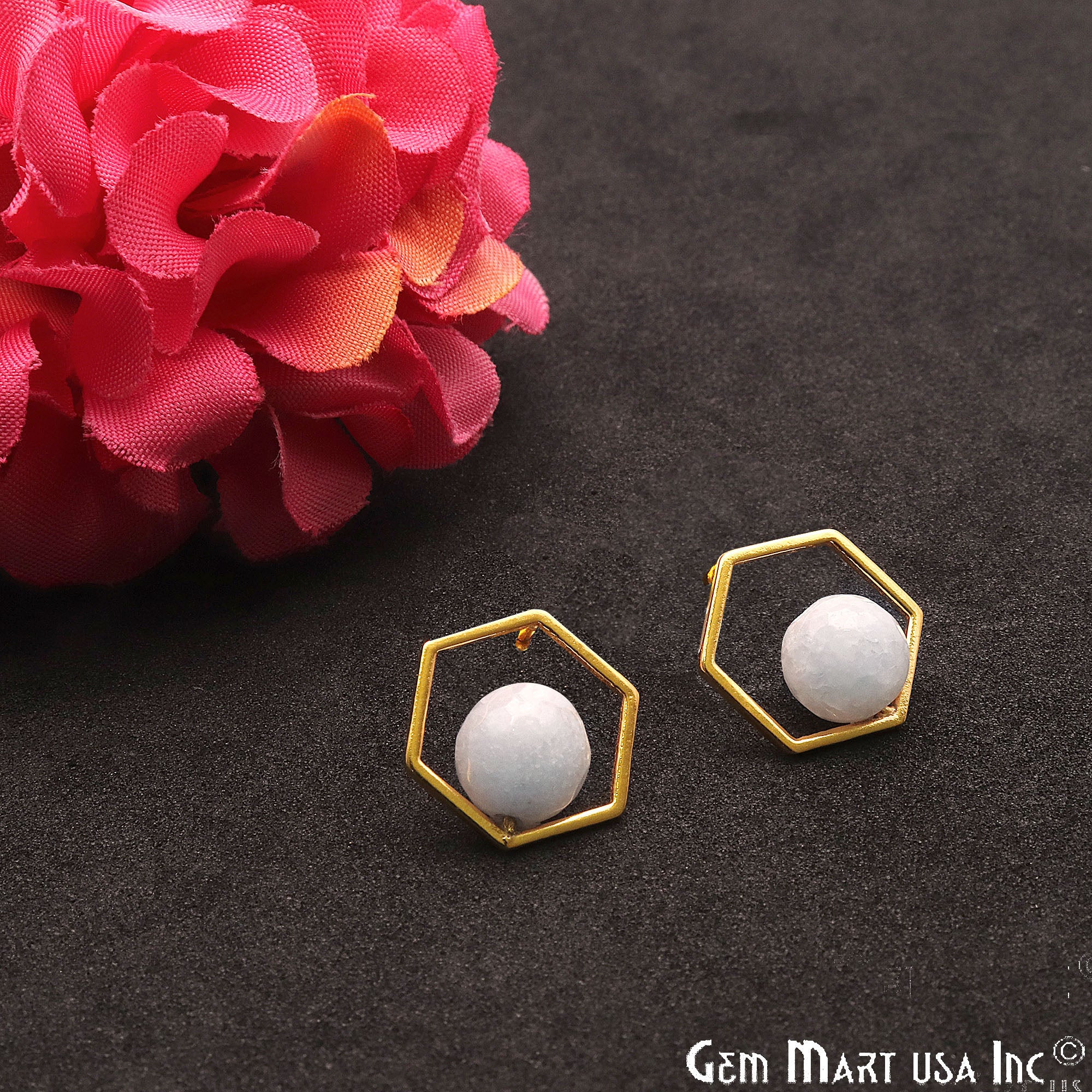 Rainbow Moonstone Hexagon Shape Gold Finding 16x14mm Gold Plated Earring 1Pair - GemMartUSA