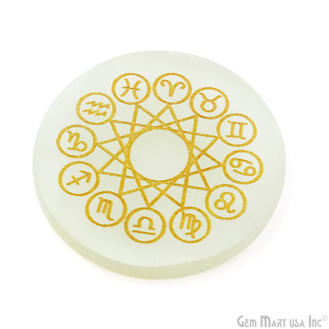 Selenite Round Plate Shape 69mm Engraved Zodiac Signs Reiki Healing Meditation Gemstones