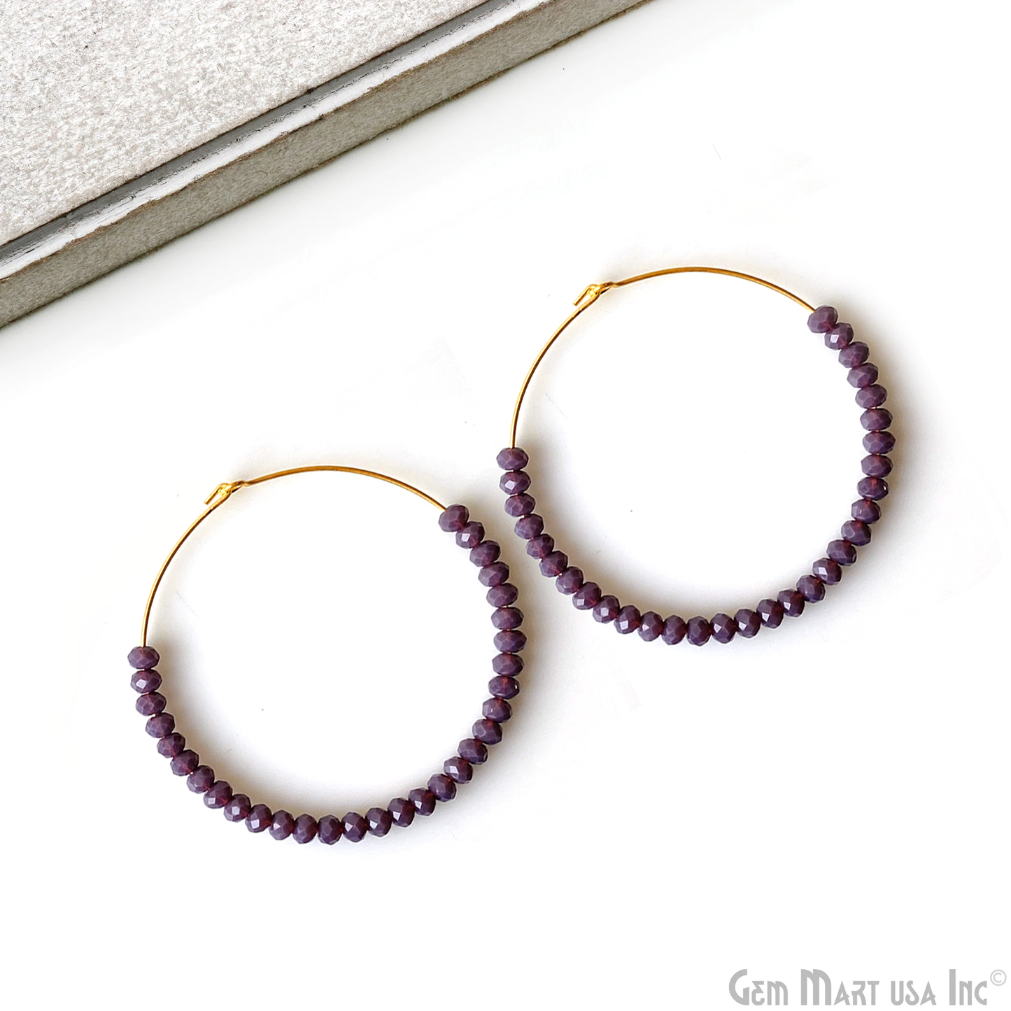 Round Beaded 42mm Gemstone Gold Plated Hoop Earrings