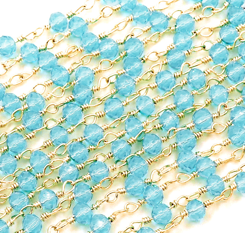 Blue Topaz 3-3.5mm Gold Plated Wire Wrapped Beads Rosary Chain (762929414191)