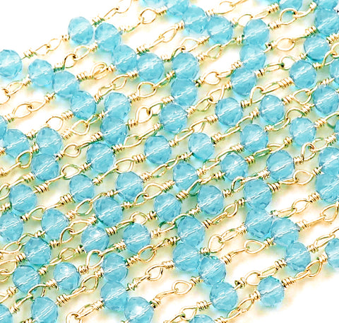 Blue Topaz 3-3.5mm Gold Plated Wire Wrapped Beads Rosary Chain (762929414191)