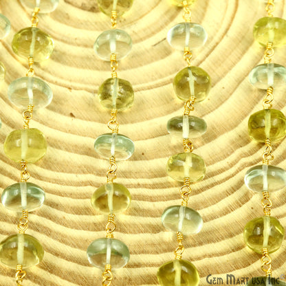 Green Amethyst & Lemon Topaz Cabochon Beads 9-10mm Gold Wire Wrapped Rosary Chain