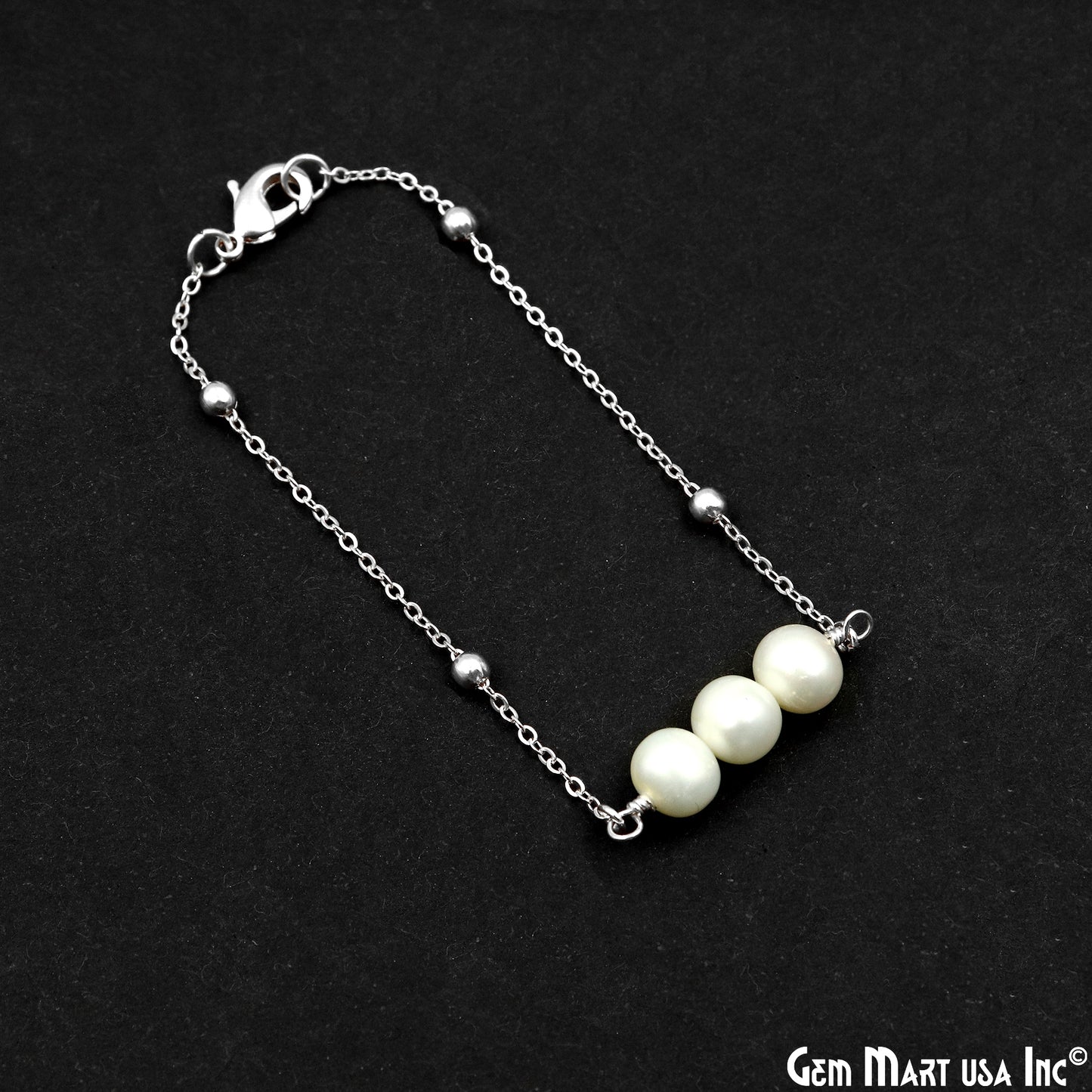 Pearl Round Gemstone Chain With Lobster Clasp Bracelet 7Inch