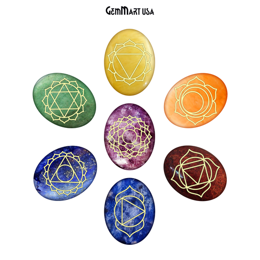 7 Chakra Of Life Healing Oval 41x31mm Gold Engraved Symbols Gemstones