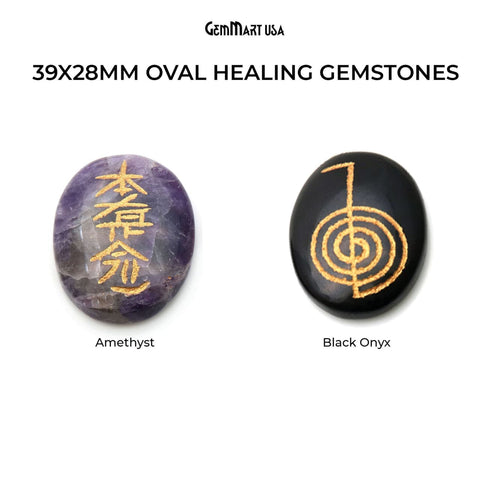 Reiki Symbol Engraved Gemstones, 39x28mm Oval Healing Gemstones, Set Of 4 Reiki Palm Stones