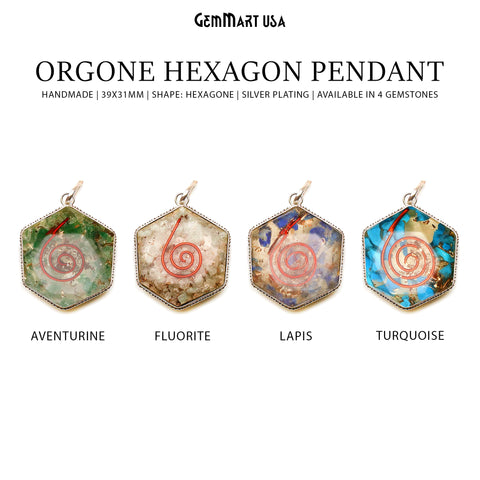 Orgone Hexagon 39x31mm Silver Plated Single Bail Gemstone Pendant (Pick Stone)