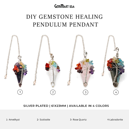 Healing 7 Chakra 61x23mm Silver Wire Wrapped Chain Pendulum Pendant