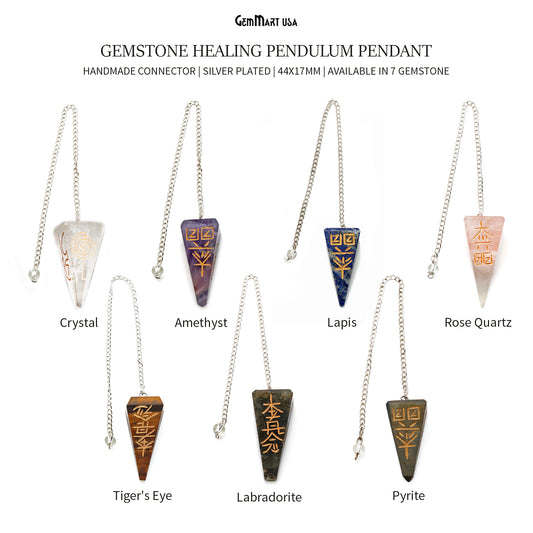 Gemstone Healing Pendulum Pendant, 44x17mm Healing Gemstone With Chinese Symbols, Reiki Symbols Pendulum