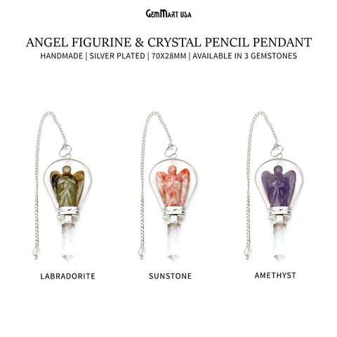Gemstone Angel Figurine & Crystal 70x28mm Dowsing Pendulum Healing Pendants