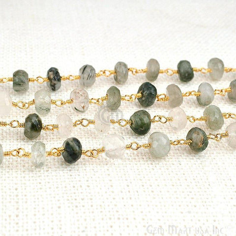 Green Rutilite Beads Chain, Gold Plated Wire Wrapped Rosary Chain (763807072303)