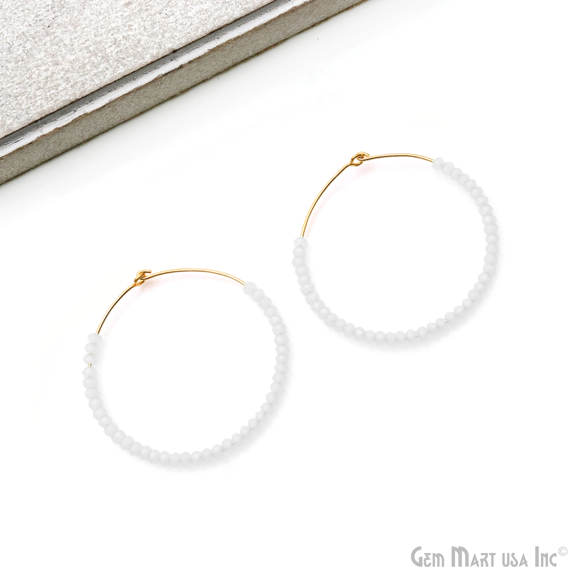 Round Beaded 42mm Gemstone Gold Plated Hoop Earrings
