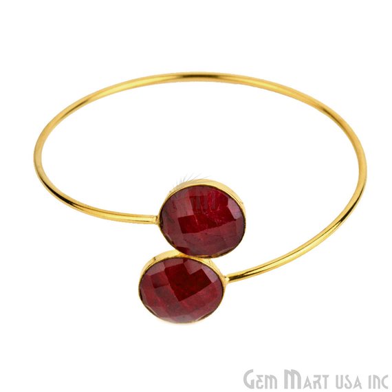 Round Shape Double Gemstone Adjustable Gold Plated Bangle Bracelet (Choose Gemstone) - GemMartUSA