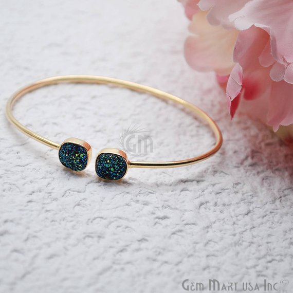 Druzy Gold Plated 8mm Cushion Shape Adjustable Bangle Bracelet (Pick Color) - GemMartUSA (754985861167)