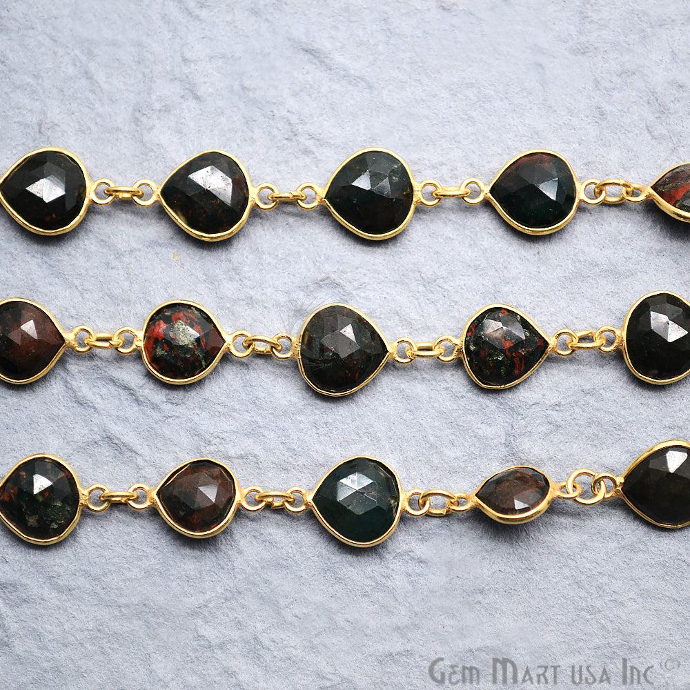 Blood Stone 8mm Heart Shape Bezel Gold Continuous Connector Chain - GemMartUSA