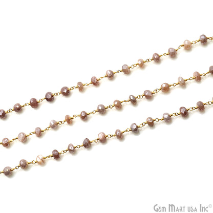 Peach Moonstone 5-6mm Gold Wire Wrapped Rondelle Faceted Bead Rosary Chain