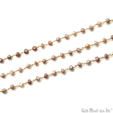 Peach Moonstone 5-6mm Gold Wire Wrapped Rondelle Faceted Bead Rosary Chain