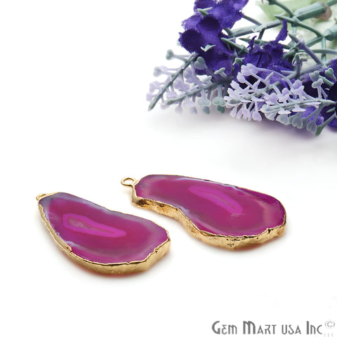 Agate Slice 42x20mm Organic Gold Electroplated Gemstone Earring Connector 1 Pair - GemMartUSA