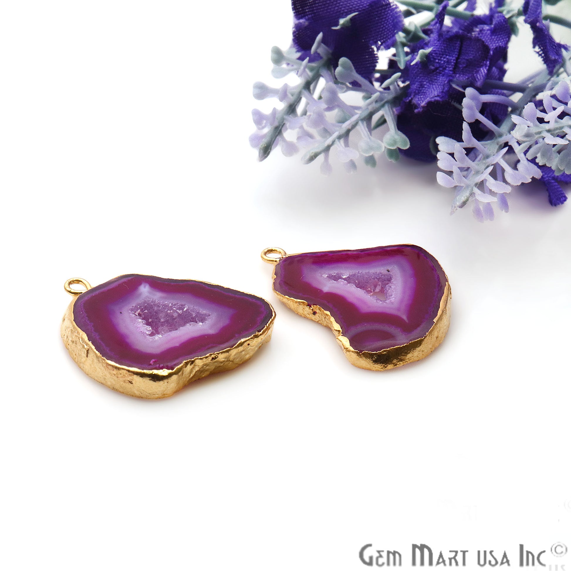 Agate Slice 29x23mm Organic Gold Electroplated Gemstone Earring Connector 1 Pair - GemMartUSA