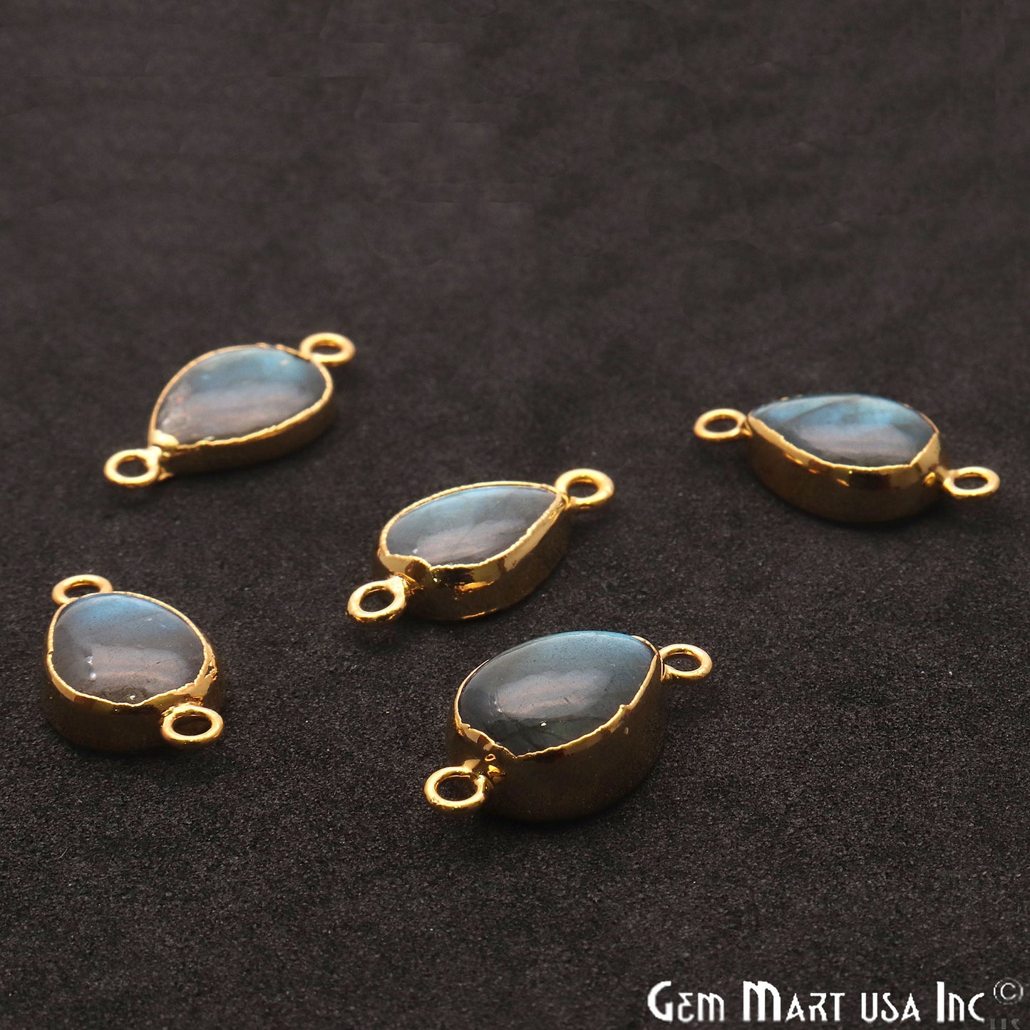 Labradorite Cabochon 20x10mm Pears Gold Electroplated Double Bail Gemstone Connector - GemMartUSA