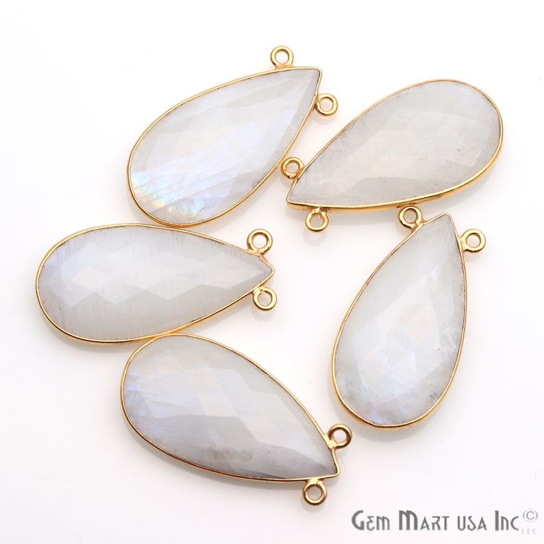 Rainbow Moonstone 30x16mm Pears Gold Plated Double Bail Connector - GemMartUSA