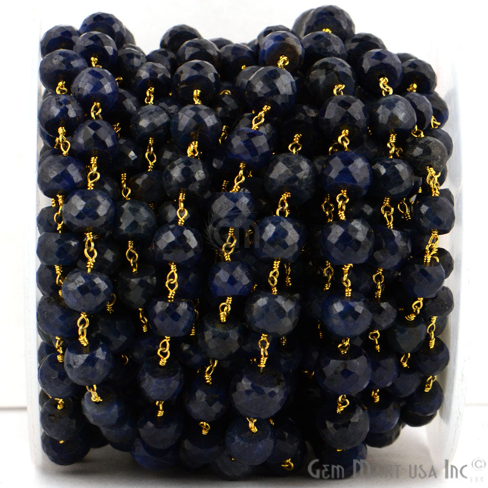 Blue Sapphire Rondelle 9-10mm Gold Plated Wire Wrapped Rosary Beads Chain - GemMartUSA (763921924143)