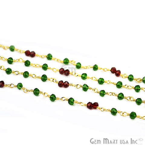 Emerald With Garnet Zircon Beads Rosary Chain, Gold Plated Wire Wrapped Rosary Chain