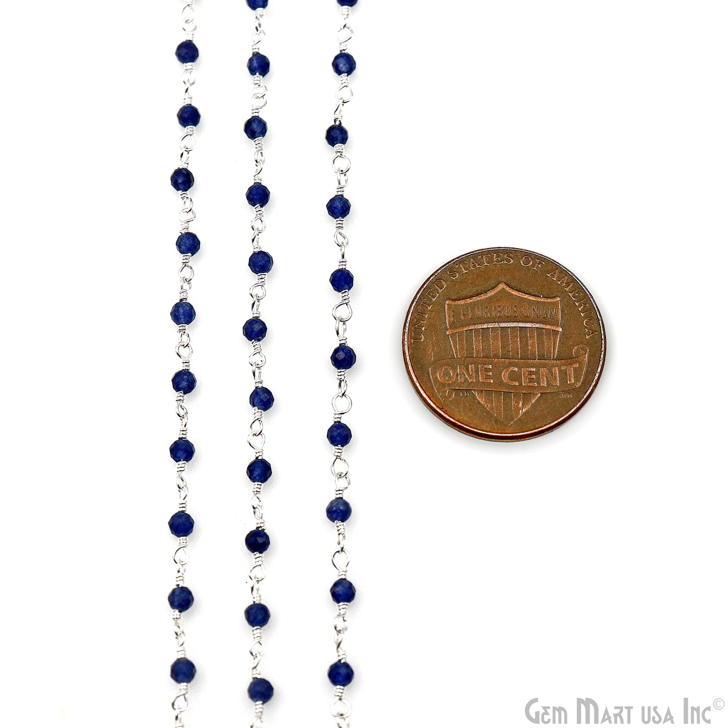 Sapphire 2-2.5mm Tiny Beads Silver Plated Wire Wrapped Rosary Chain