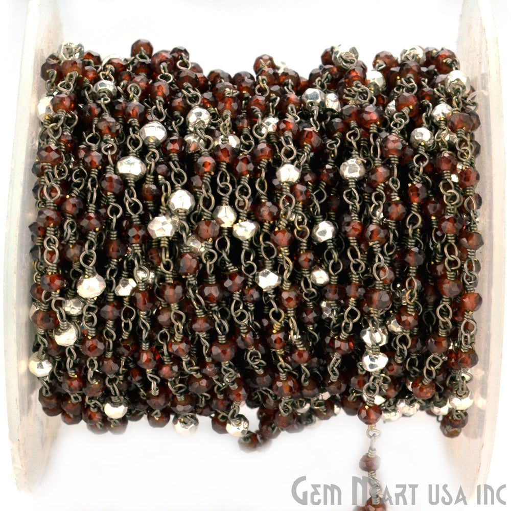 Garnet & Silver Pyrite Beads 3-3.5mm Oxidized Wire Wrapped Rosary Chain - GemMartUSA