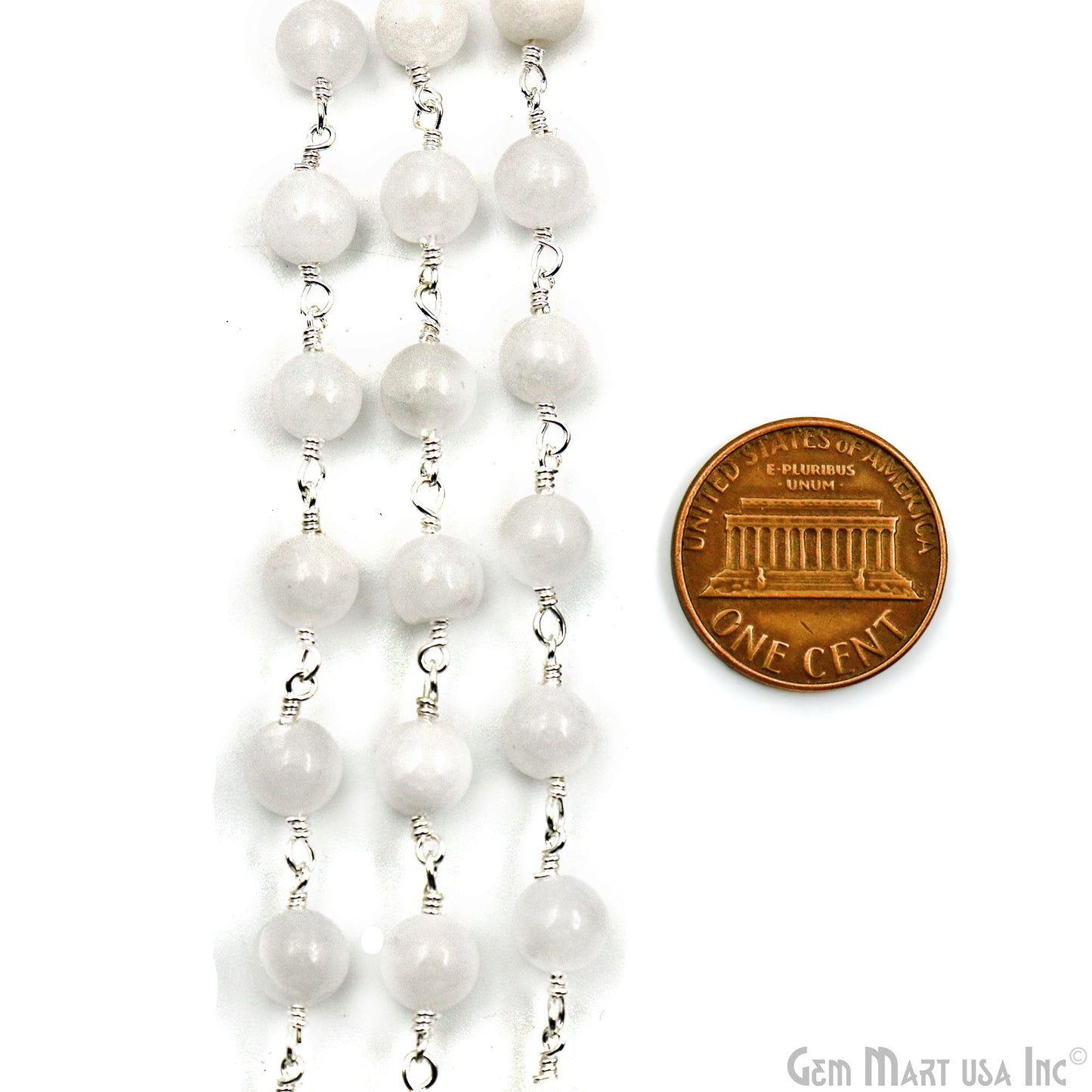 White Jade Smooth Beads 6mm Silver Plated Wire Wrapped Rosary Chain