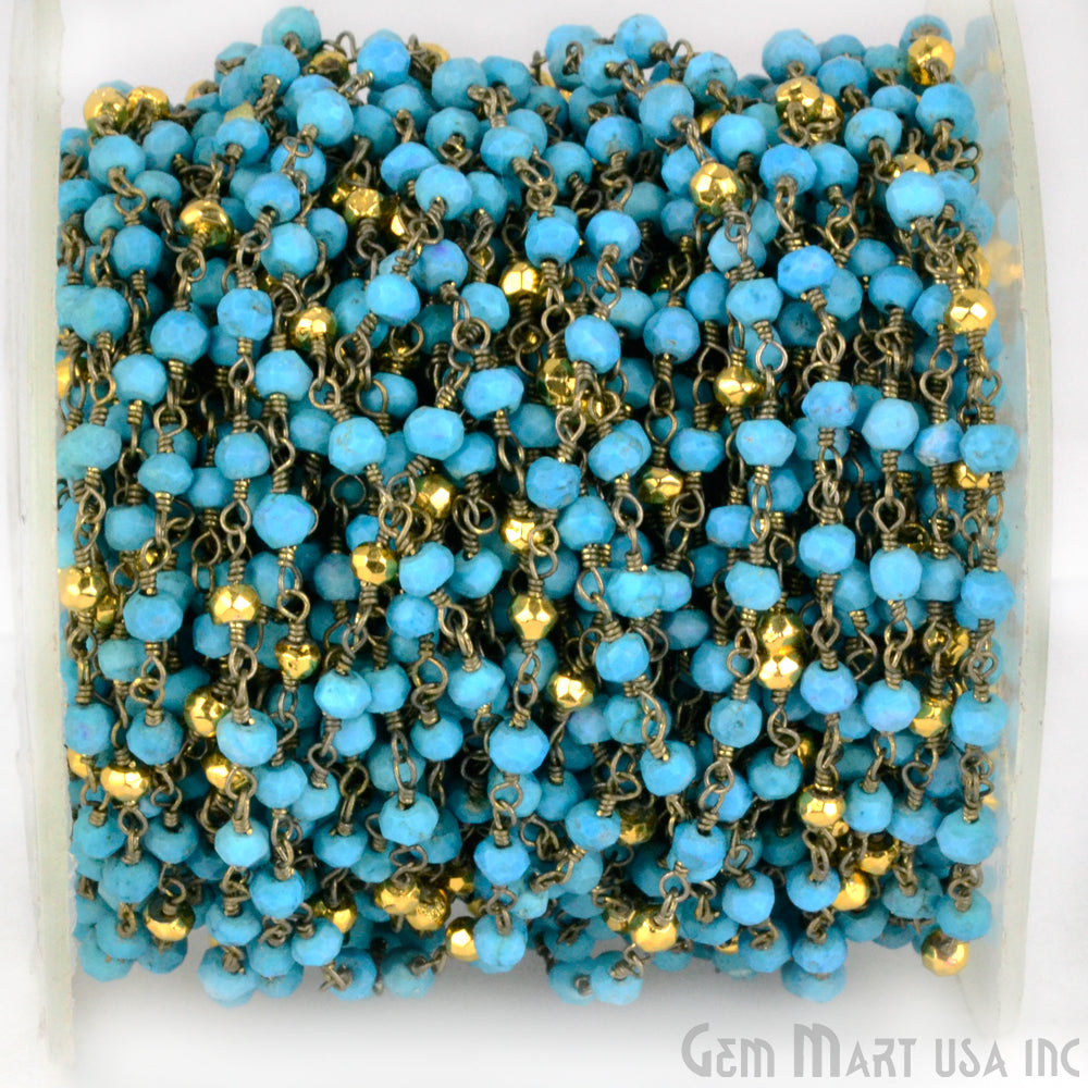 Turquoise With Gold Pyrite Oxidized Wire Wrapped Beads Rosary Chain (764423634991)