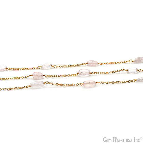 Rose Quartz Tumble Beads 10x6mm Gold Wire Wrapped Rosary Chain