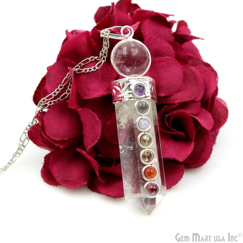 Crystal 7 Chakra 57x12mm Silver Plated Gemstones Necklace Pendant