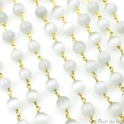 White Monalisa Smooth Beads 8mm Gold Plated Wire Wrapped Rosary Chain