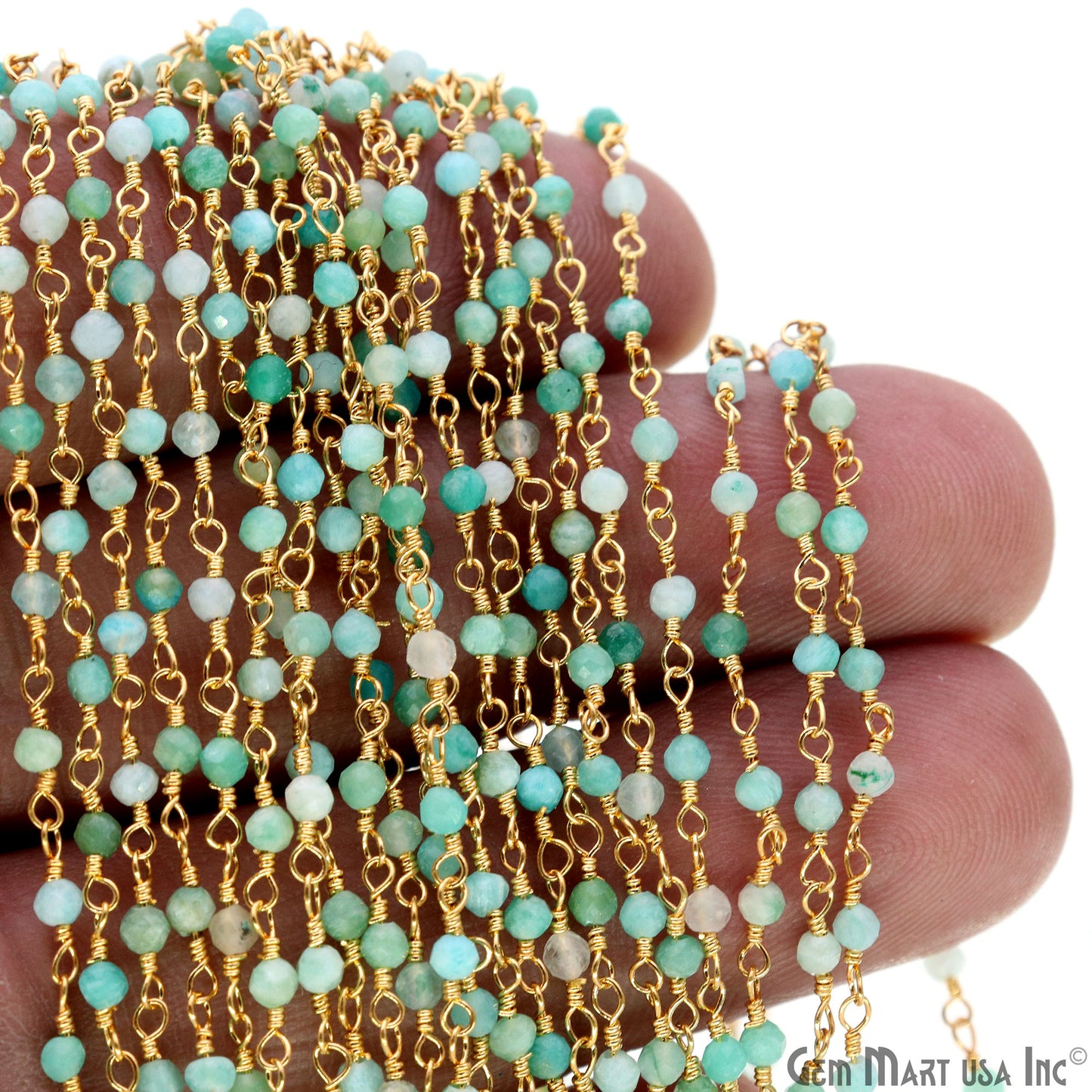 Amazonite 2-2.5mm Tiny Beads Gold Plated Wire Wrapped Rosary Chain