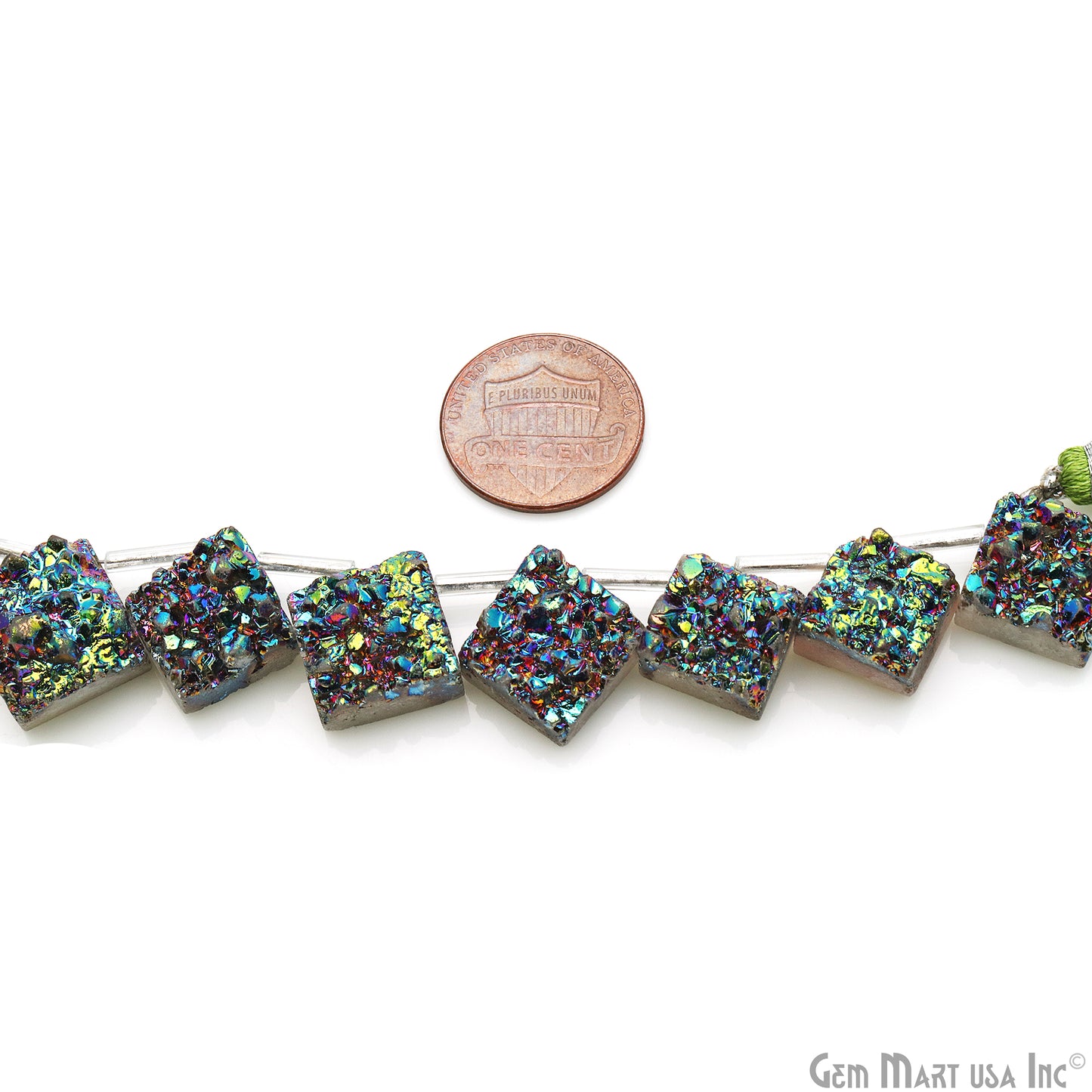 Green Druzy Square Beads, 8 Inch Gemstone Strands, Drilled Strung Briolette Beads, Square Shape, 10-14mm