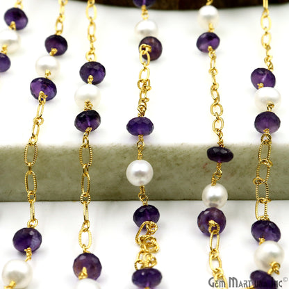 Amethyst & Pearl Round Beads Gold Plated Finding Rosary Chain