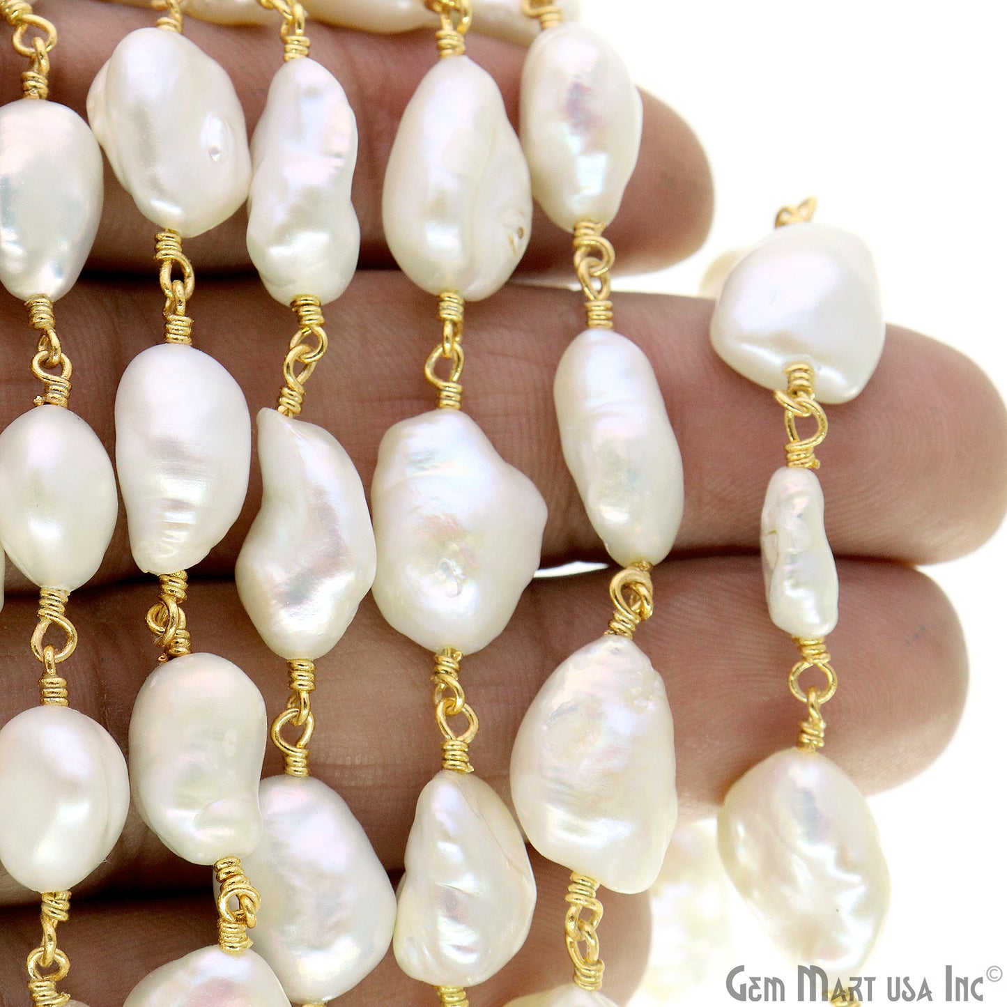 Natural Pearl Free Form 10-12mm Gold Plated Wire Wrapped Rosary Chain