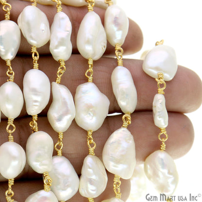 Natural Pearl Free Form 10-12mm Gold Plated Wire Wrapped Rosary Chain