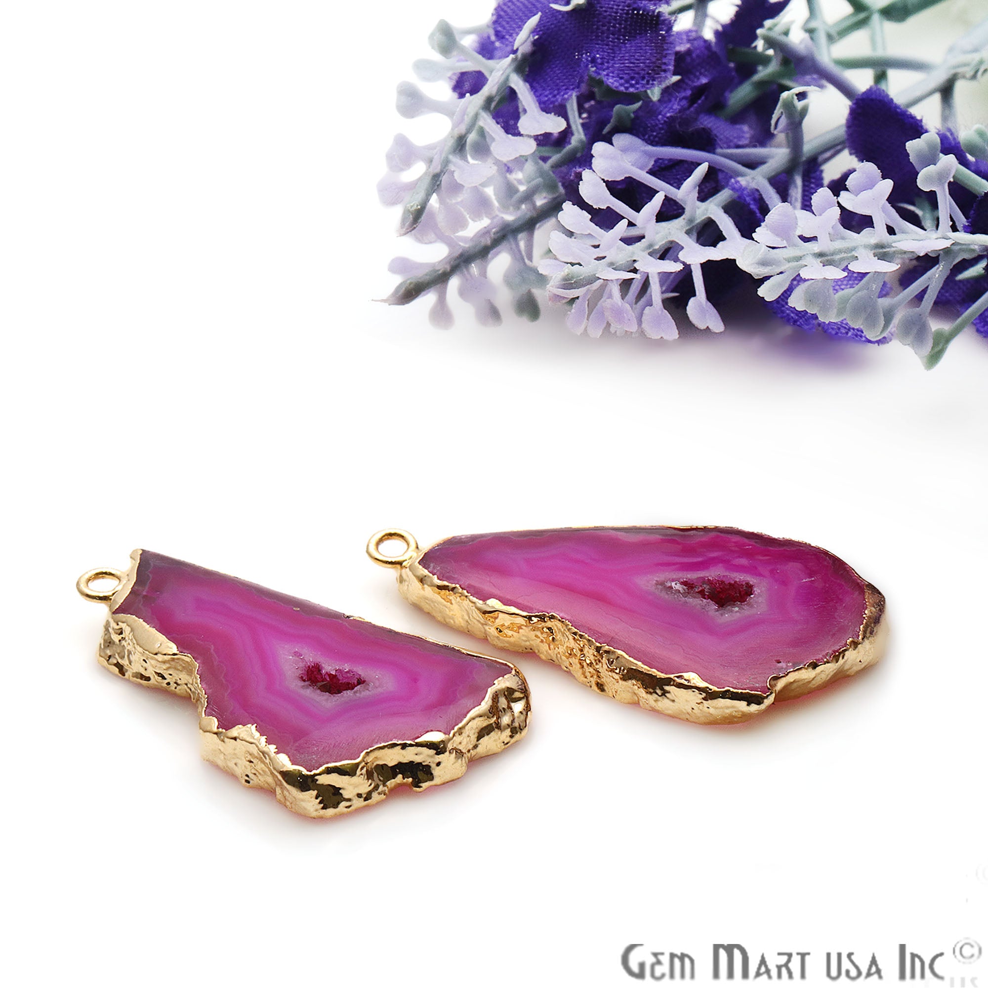 Agate Slice 36x17mm Organic Gold Electroplated Gemstone Earring Connector 1 Pair - GemMartUSA