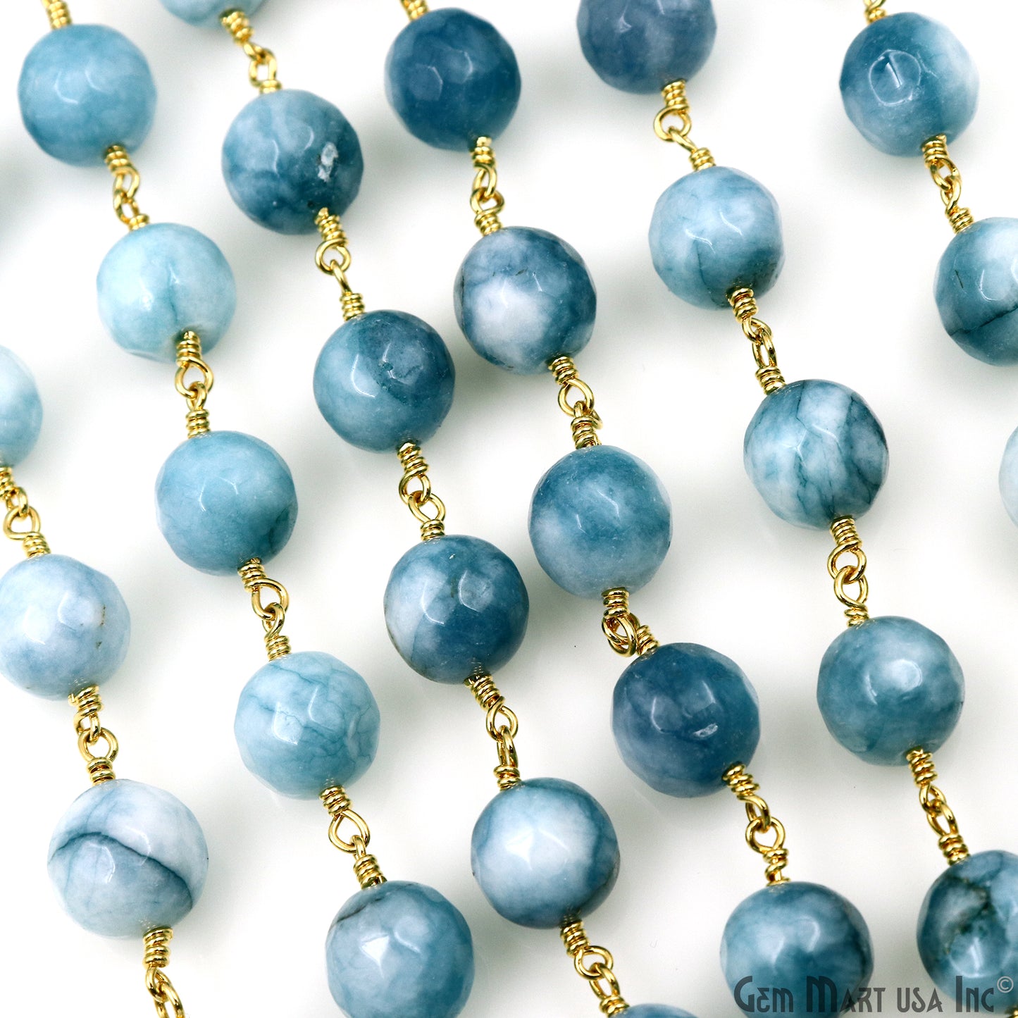 Shaded Turquoise Faceted Beads 10mm Gold Plated Wire Wrapped Rosary Chain