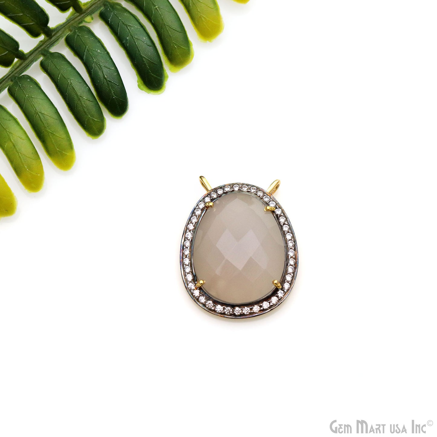 Oval Gemstone With Oxidized Setting Of Pave Cubic Zirconia 27x22mm Gold Plated Bail Connector