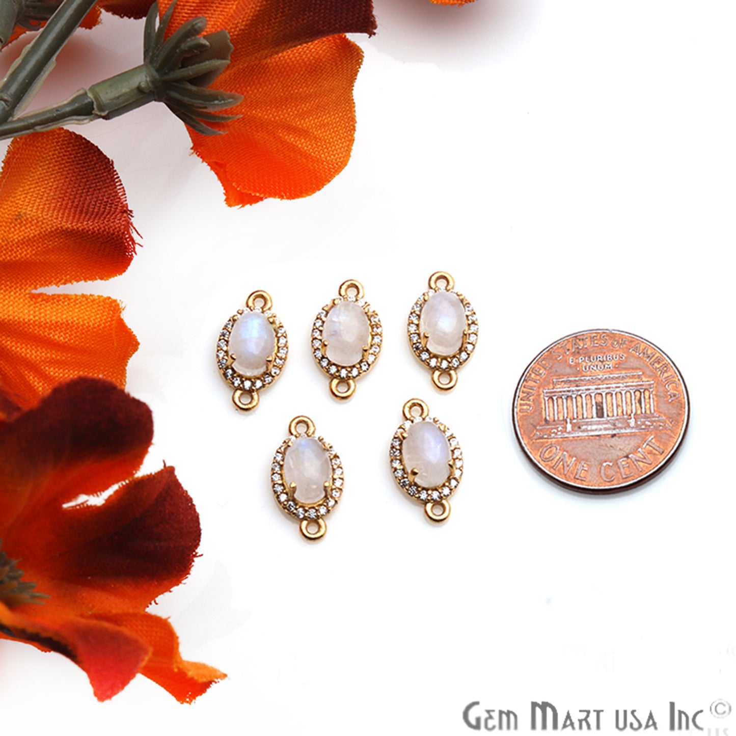 Rainbow Moonstone Cabochon & Cubic Zirconia 7x5mm Oval Gold Plated Double Bail Connector - GemMartUSA