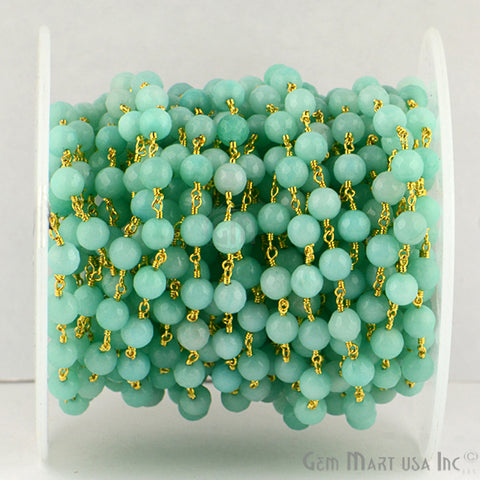 Light Green Jade Faceted Beads 6mm Gold Plated Wire Wrapped Rosary Chain - GemMartUSA