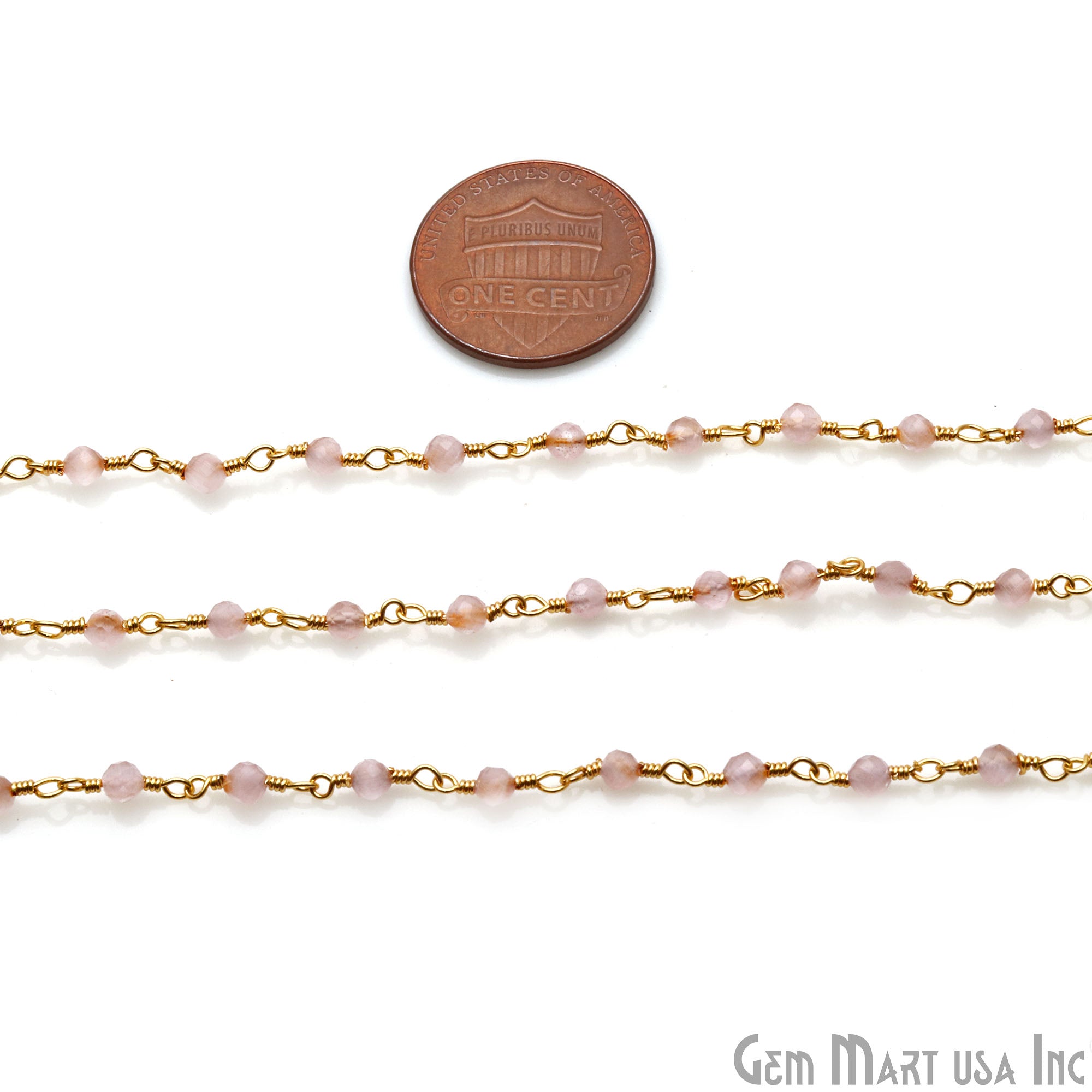Pink Monalisa 3-3.5mm Beads Gold Wire Wrapped Rosary Chain - GemMartUSA