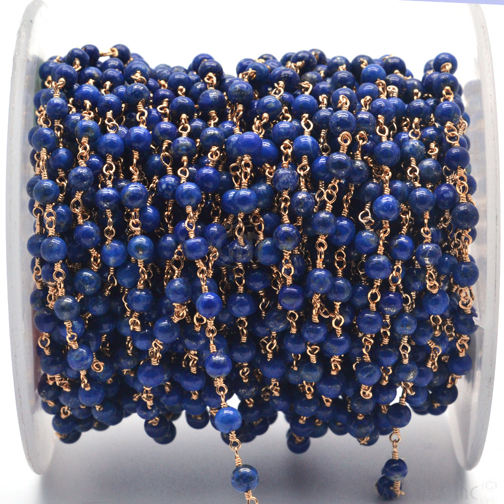Lapis Lazuli Smooth Beads 4mm Gold Plated Wire Wrapped Rosary Chain - GemMartUSA