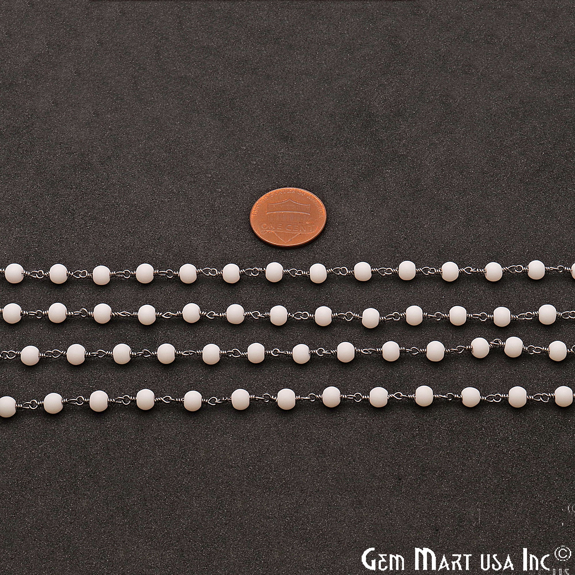 White Agate 4mm Round Oxidized Wire Wrapped Matte Beads Rosary Chain - GemMartUSA